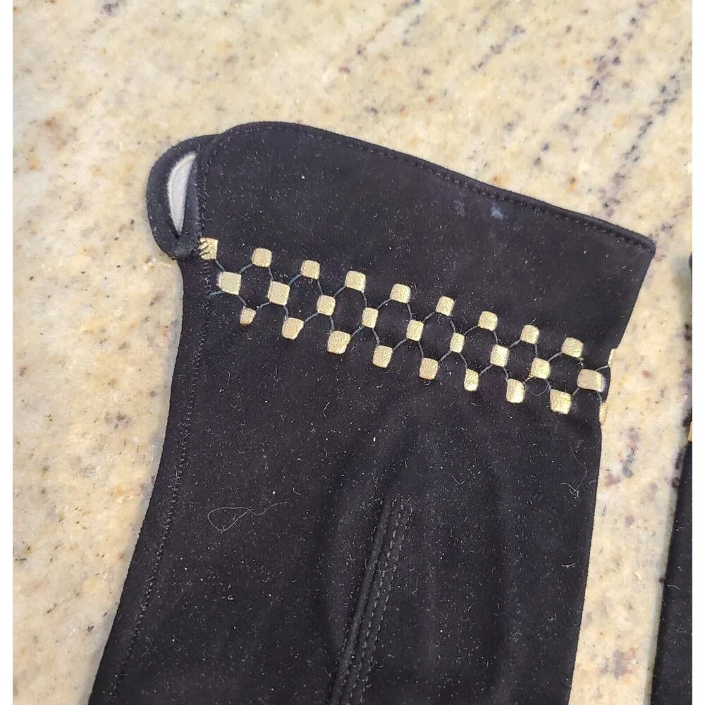 Vtg Women Sz S 6.5 Suede Black Gold Embroidered Geometric Formal Gloves 8.5